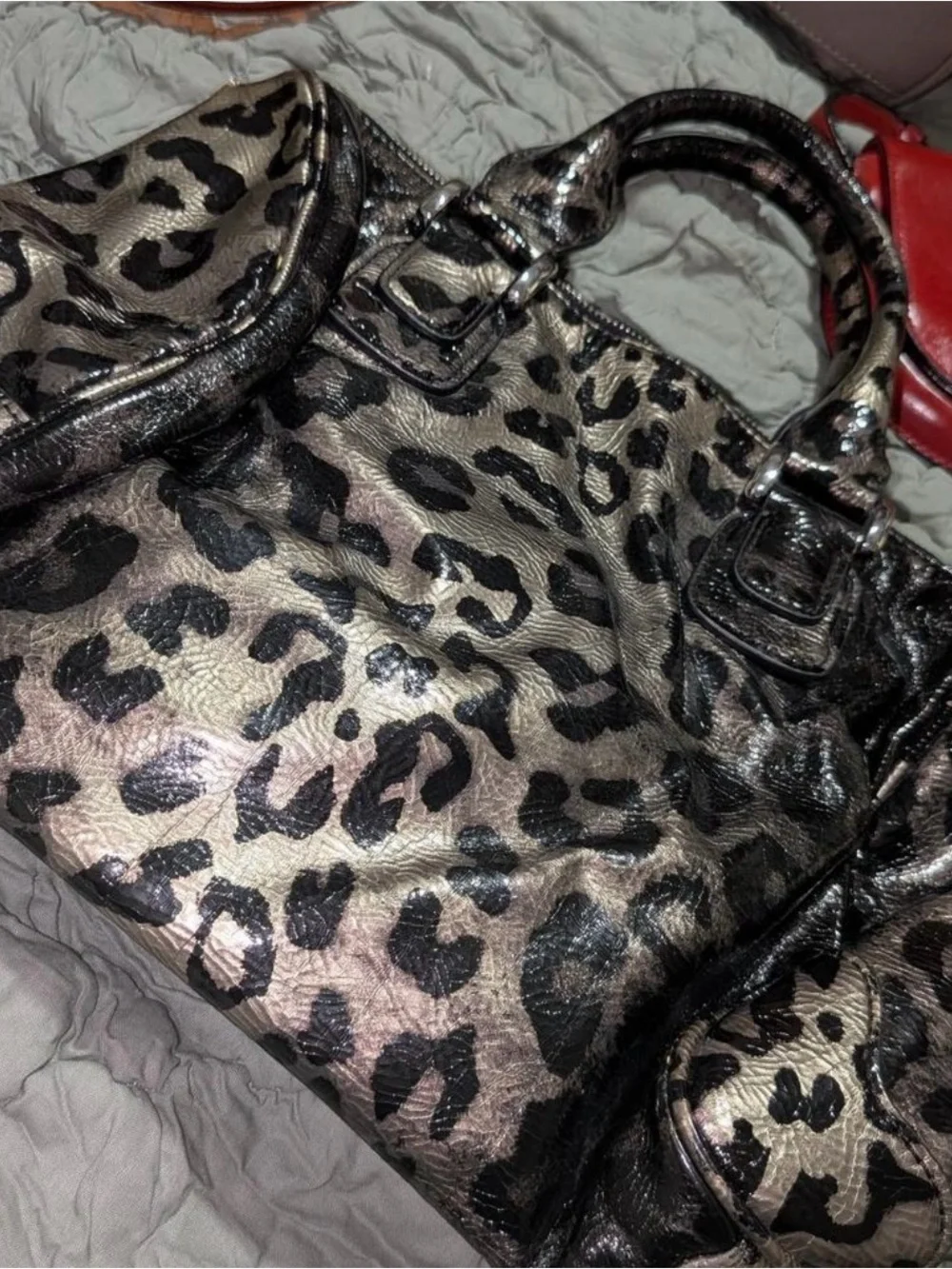 GUESS Metallic Leopard Satchel - Black and Gold